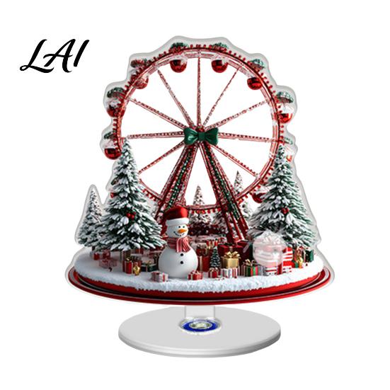 Festive Desktop Decor Acrylic Ferris Wheel Christmas Ornament 360° Rotating Snow House Tabletop Holiday Ornaments Decor Decoration for Offices Home