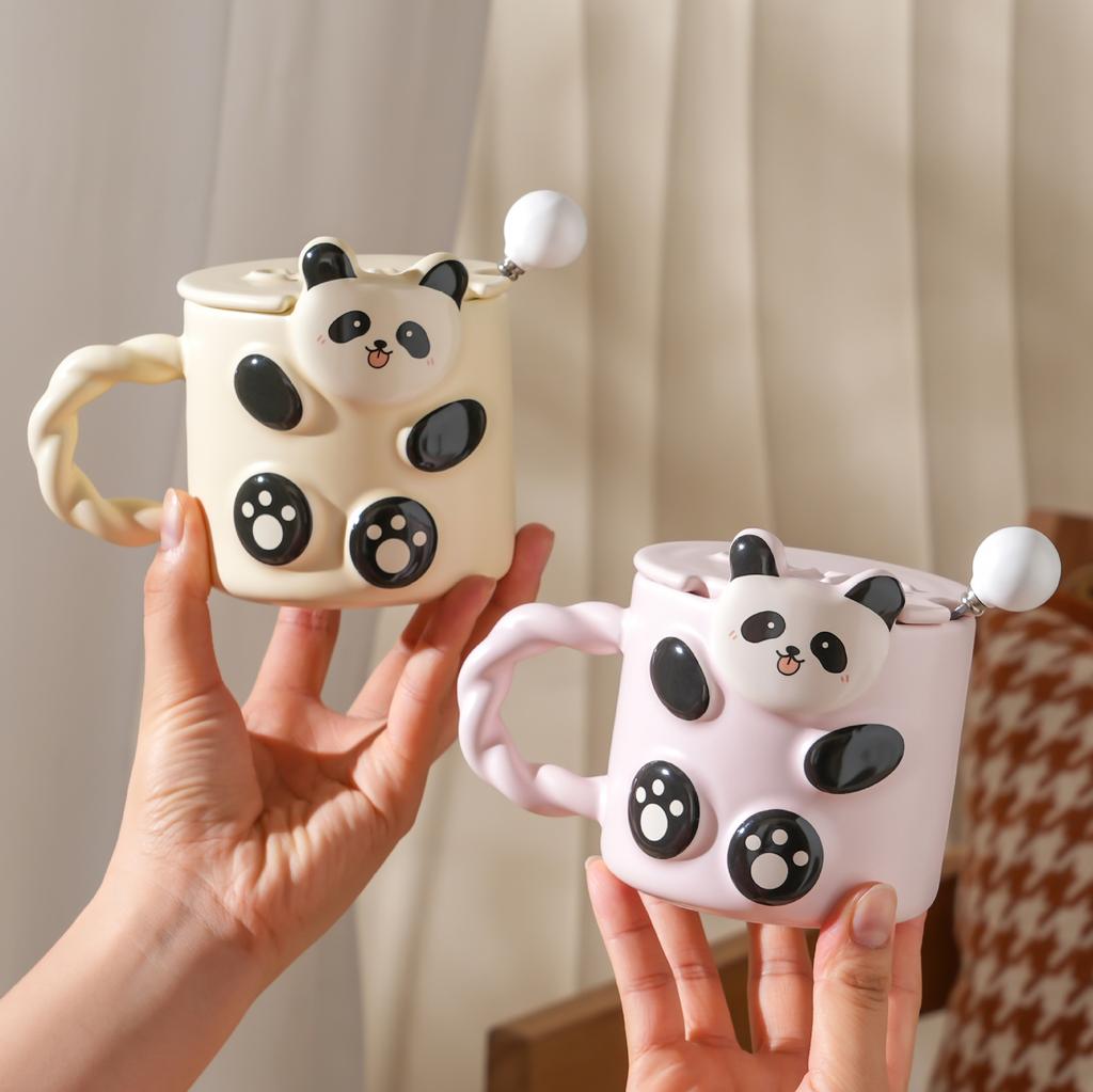 Милая керамическая кружка с рисунком панды, креативный подарок для детей, кофейная чашка с крышкой и ложкой, домашние чашки для завтрака, овсянки, молока, йогурта