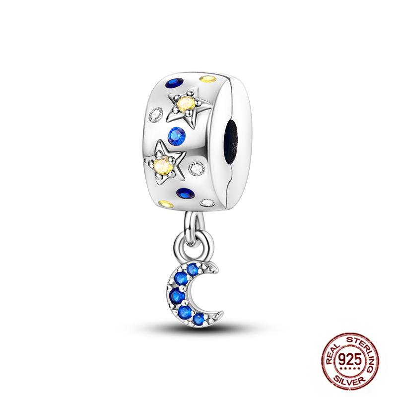 Round 925 Copper Clasp Pave Clip Charms Blue Star Moon Butterfly Slide Safety Chains Spacer Beads Fits Original Bracelet Zircon