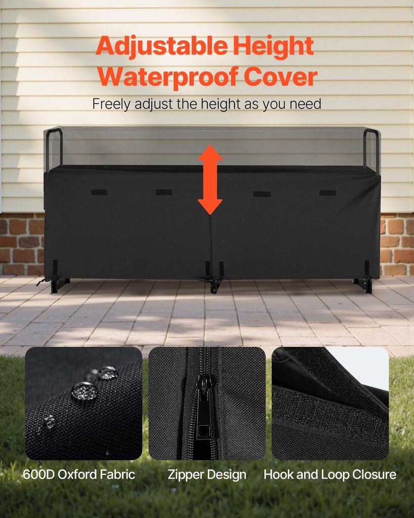 Firewood Rack with Waterproof Cover, 2.57m Outdoor Firewood Holder, 1/2 Cord Storage Metal Log Holder, 299kg Max Weight Capacity, Top Covered,