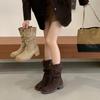 Korean Version Suede Western Pile Medium Boots Women's Autumn and Winter Retro Style Small Thick Heel Medium Tube Martin Boots Knight Boots