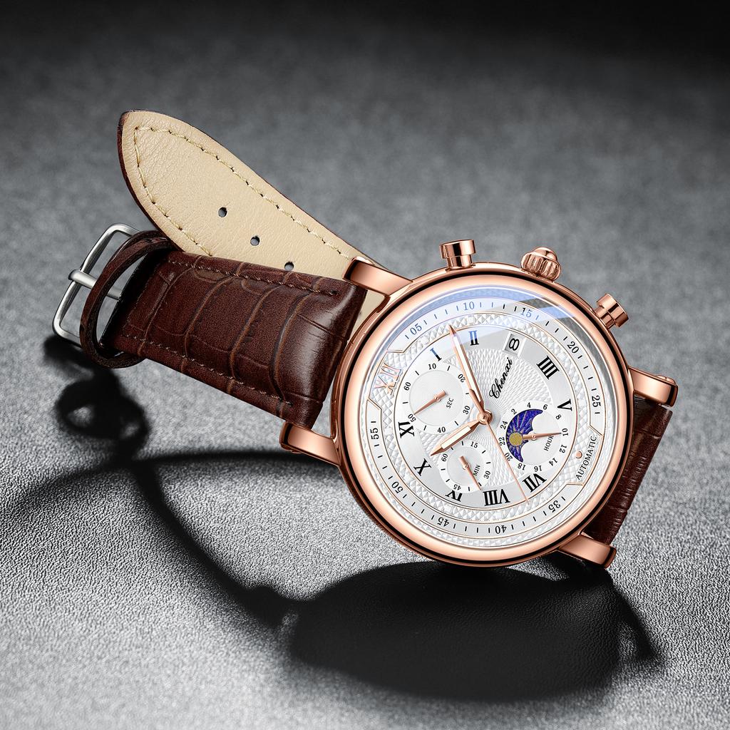 CHENXI 976 Men Quartz Watch luxury Brand Moon Phase Date Multifunctional Chronograph Leather Strap Wristwatch Business Gift
