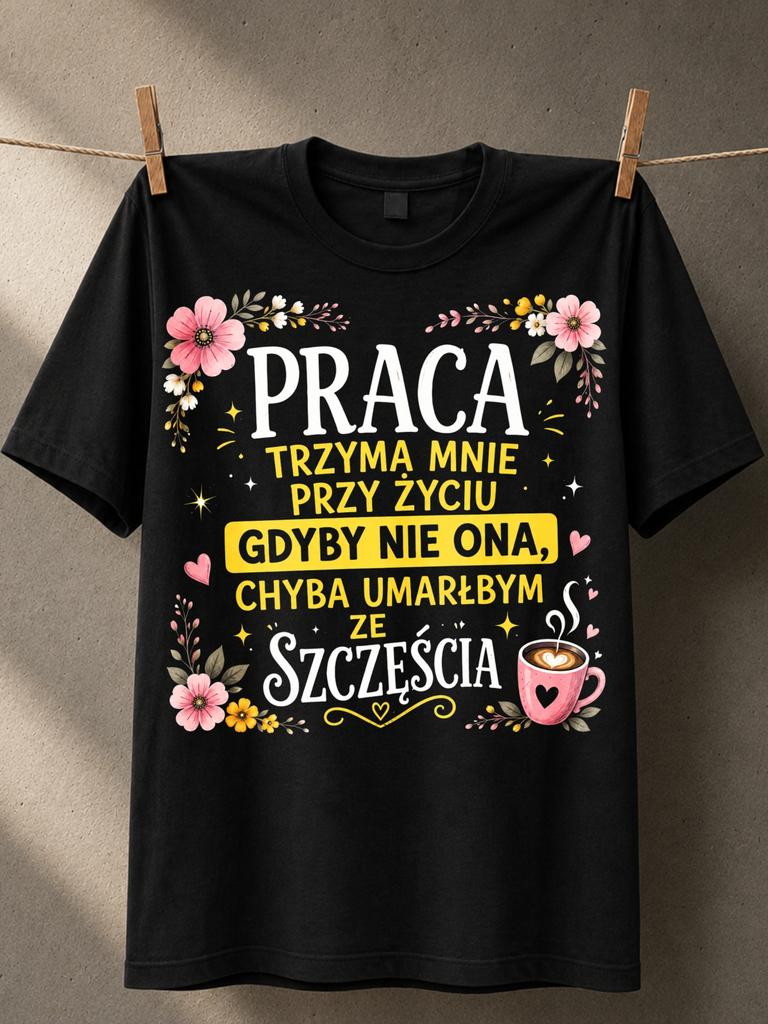 Praca Trzyma Mnie Przy Zyciu Floral Quote Pink Flowers Coffee Hearts Sweet Polish Office Humor Unisex All TShirt