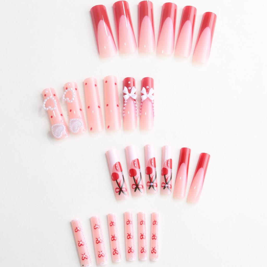 European & American Style Sweet & Cool Hot Girl Press-On Nails with Heart, Bow & Cherry French Nail Art Stickers
