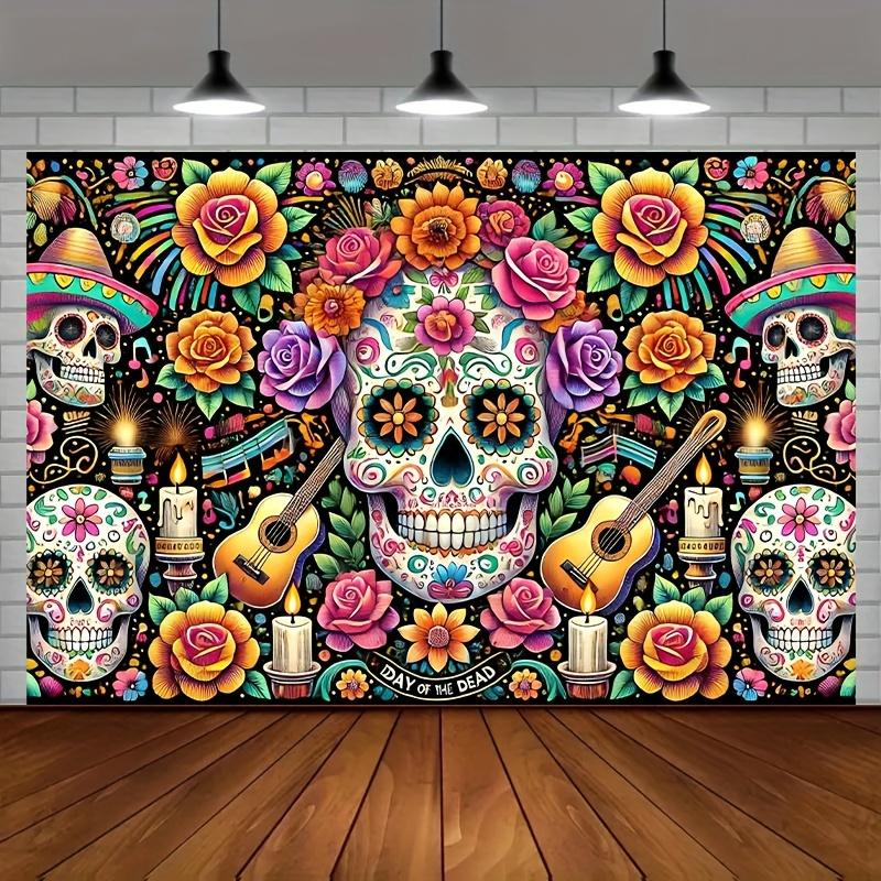 A colorful sugar skull banner - a reusable backdrop for Halloween parties.zyc