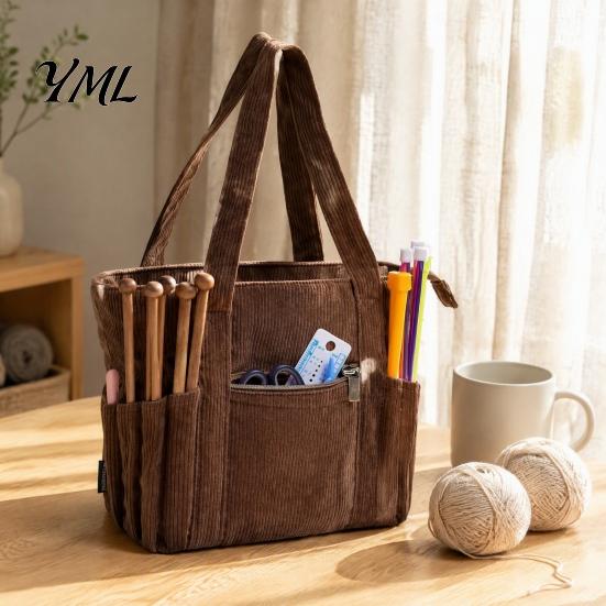 Corduroy Craft Bag Yarn Organizer Tote, Holder Shoulder Bag, Knitting Supplies Case for Crochet Hooks & Accessories, Lover Gift Organizers Tools