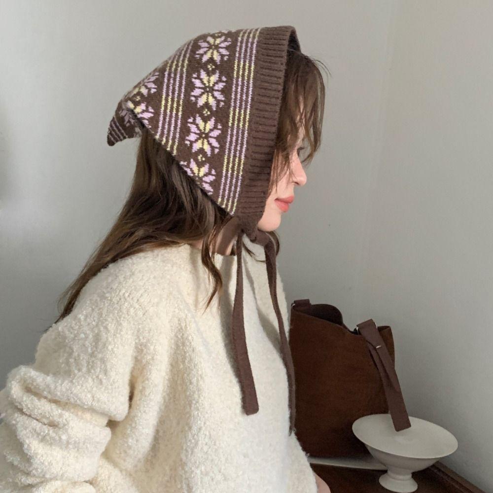 Snowflake Jacquard Wool Headscarf Y2K Knitted Scarf Elegant Printed Turban  Scarf Accessories