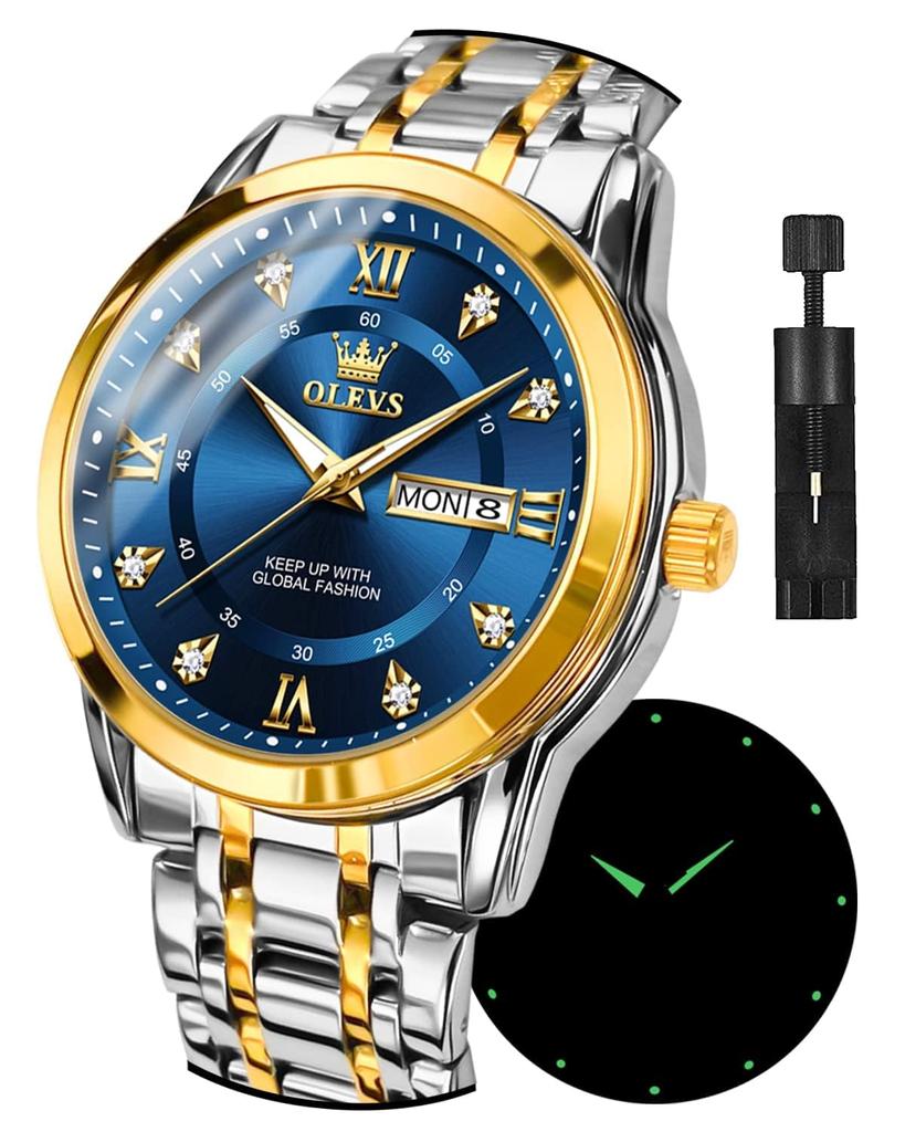 OLEVS Silver Popular Quartz Calendar Waterproof Watch for Men Brand Stainless Steel Stylish Blue Men's