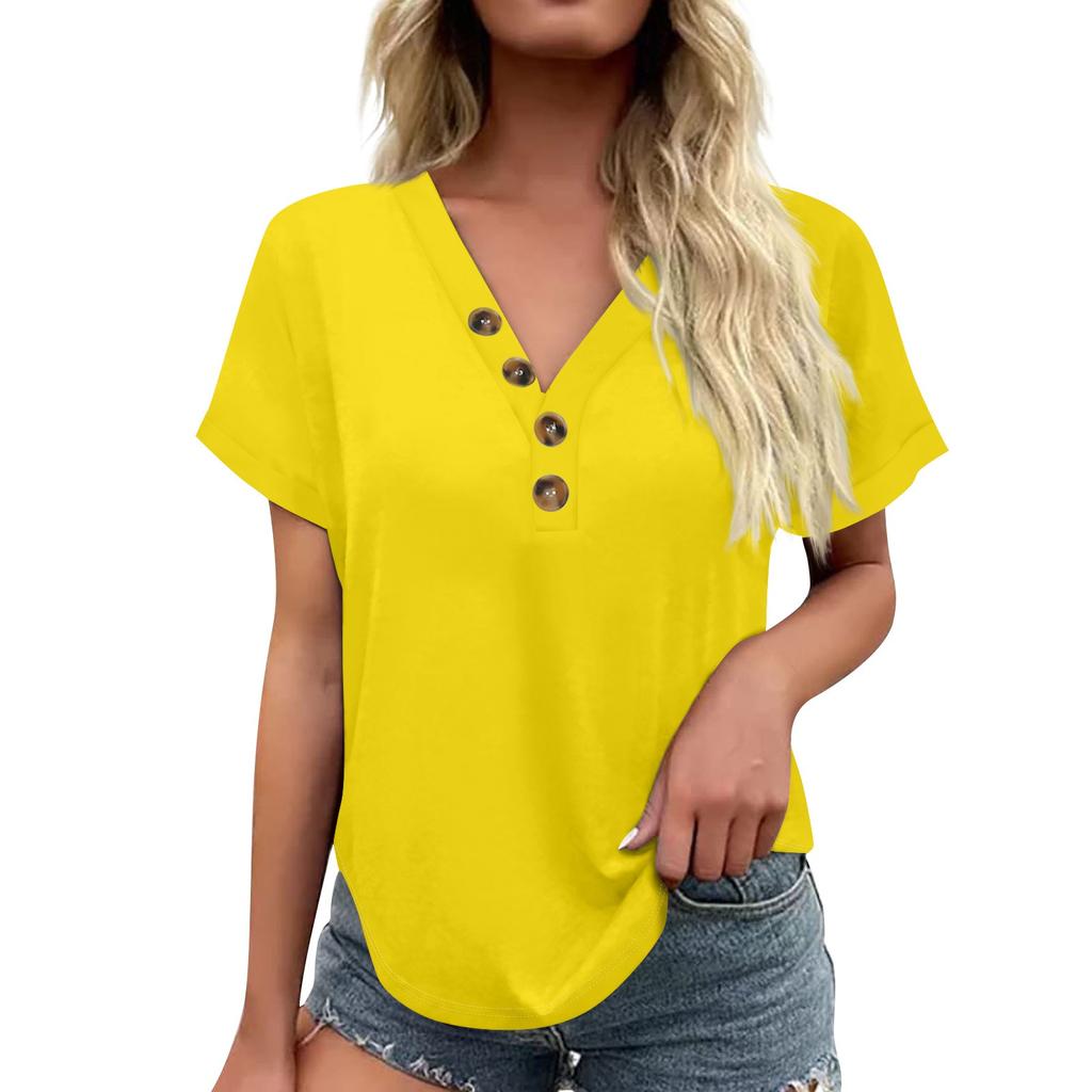 Women's Fashionable Casual Short Sleeved Solid Color V-neck Button Top