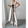 Womens 2-Piece Set: Sleeveless Deep V-Neck Top With Bow Detail Wide-Leg Pants Color-Block Casual Outfit