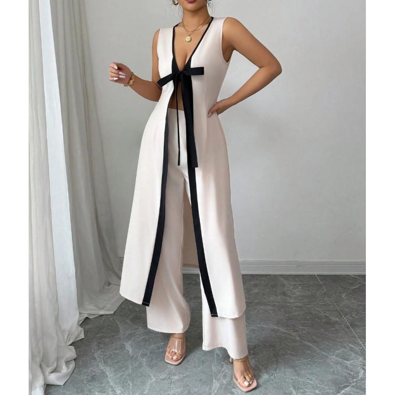 Womens 2-Piece Set: Sleeveless Deep V-Neck Top With Bow Detail Wide-Leg Pants Color-Block Casual Outfit