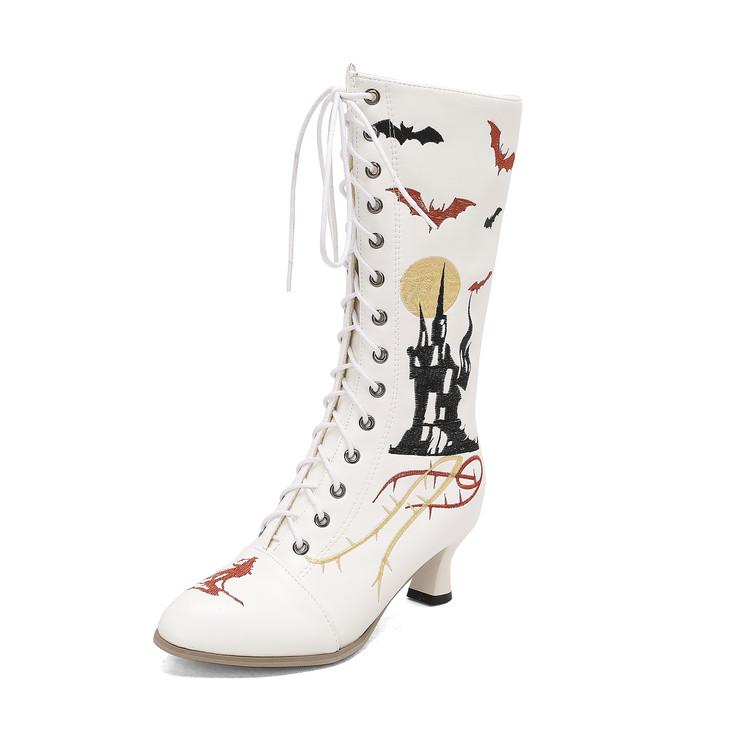 Мода 2025 Новые Хэллоуин Косплей Сапоги Женские Вышивка Туфли Ведьмы На Шнуровке Каблук-рюмочка Винтажные Викторианские Сапоги Вечеринка Женщина