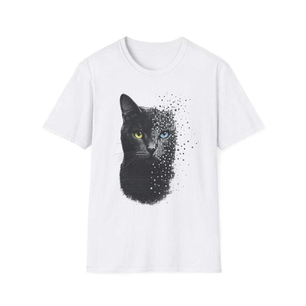 Two-Tone Pixel Cat T-Shirt and kids tshirt | Half Black Cat with Heterochromia