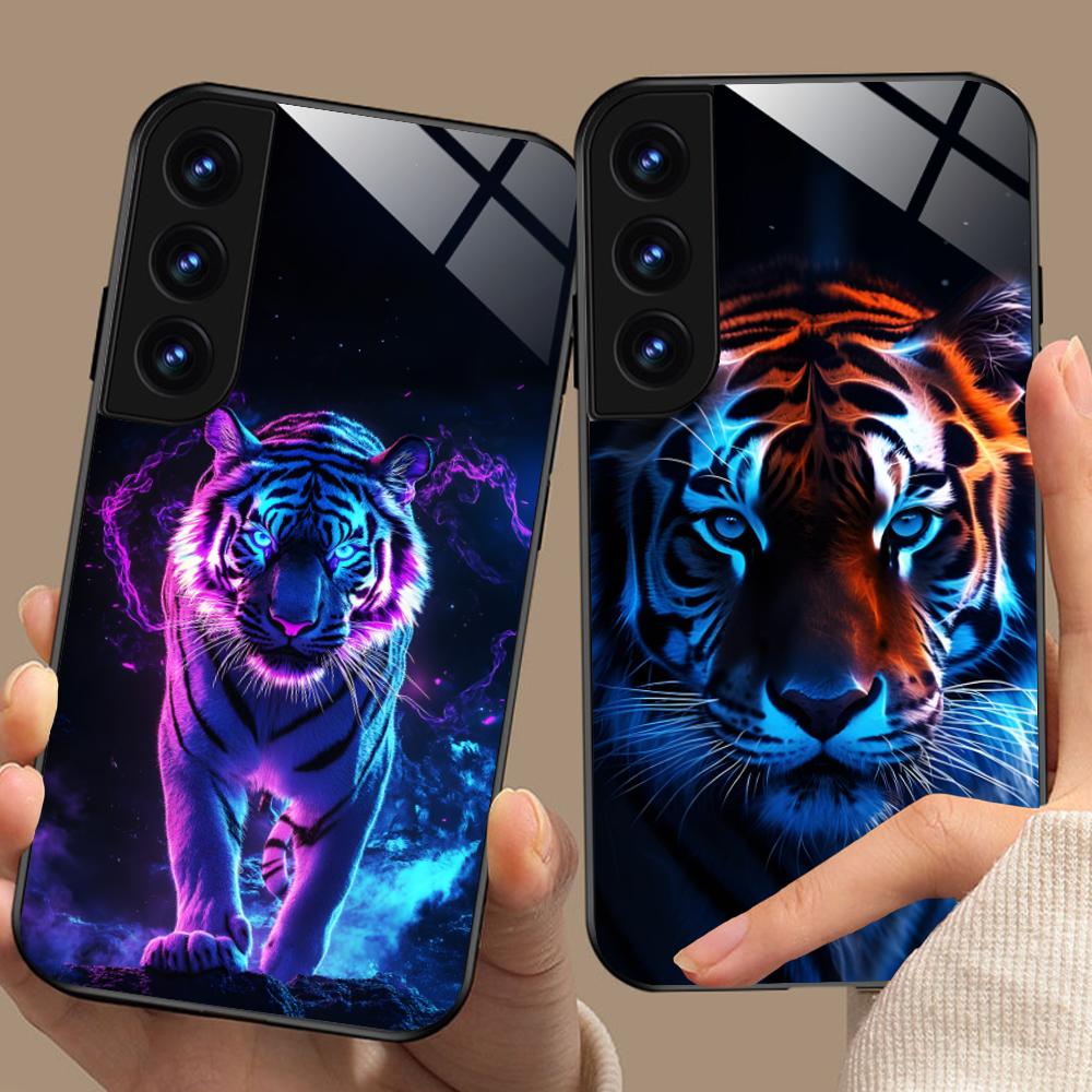 Неоновый чехол-бампер с тигром для мобильного телефона Samsung Galaxy S26 S25 S24 S23 S22 S21 S20 Note20 Plus FE Ultra Стеклянная цветная крышка Крышка