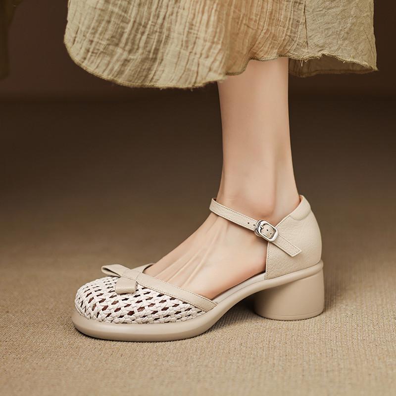 Summer Sheepskin Sandals for Women with Thick Heels and Hollow Soles