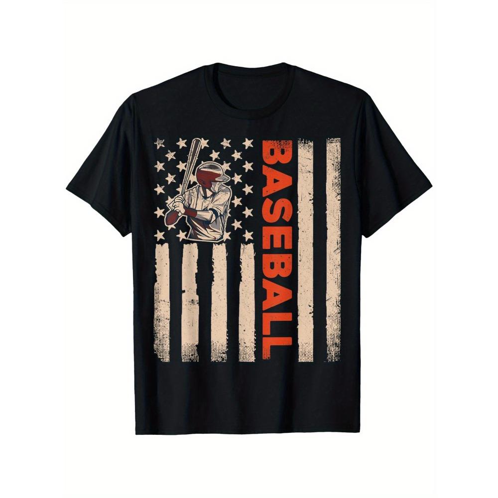 Vintage American Flag Baseball T-Shirt - Patriotic Stars & Stripes Design with Baseball Player Silhouette, 100% Cotton Unisex