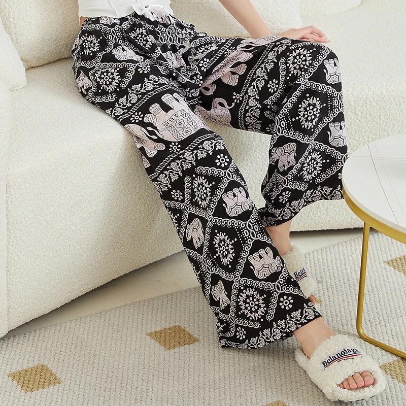Long Elephant Pants Adjustable Elastic High Waistband Strap Loose Leg Women Print Thailand Casual Streetwear Beach Bohemian Retro Vintage