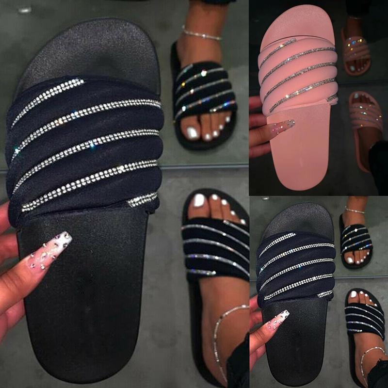 Ladies Sparkling Slip On Summer Mules Sandals With Comfortable Flat Design