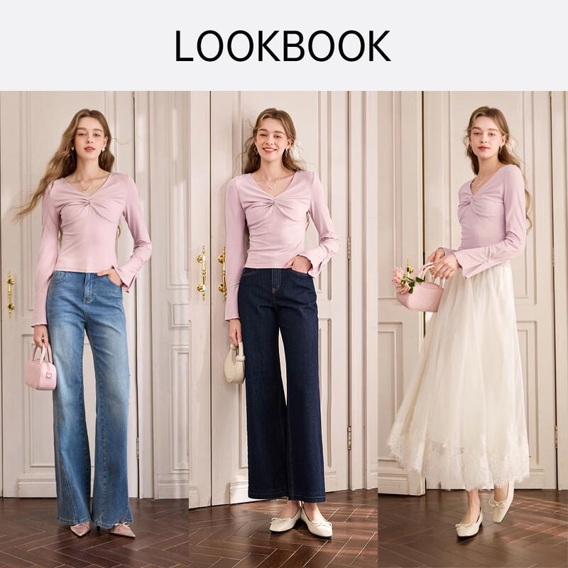 Xiangying Women's French V-Neck Knit Long-Sleeve T-Shirt with Bow Twist