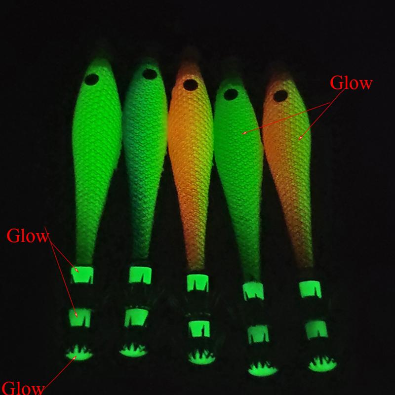5Pcs 7cm Artificial Fluorescent Fishing Lures Squid Hook Jigs Cuttlefish Jigs Bait Spinnerbait Wood Shrimps Sea Fishing Tackle