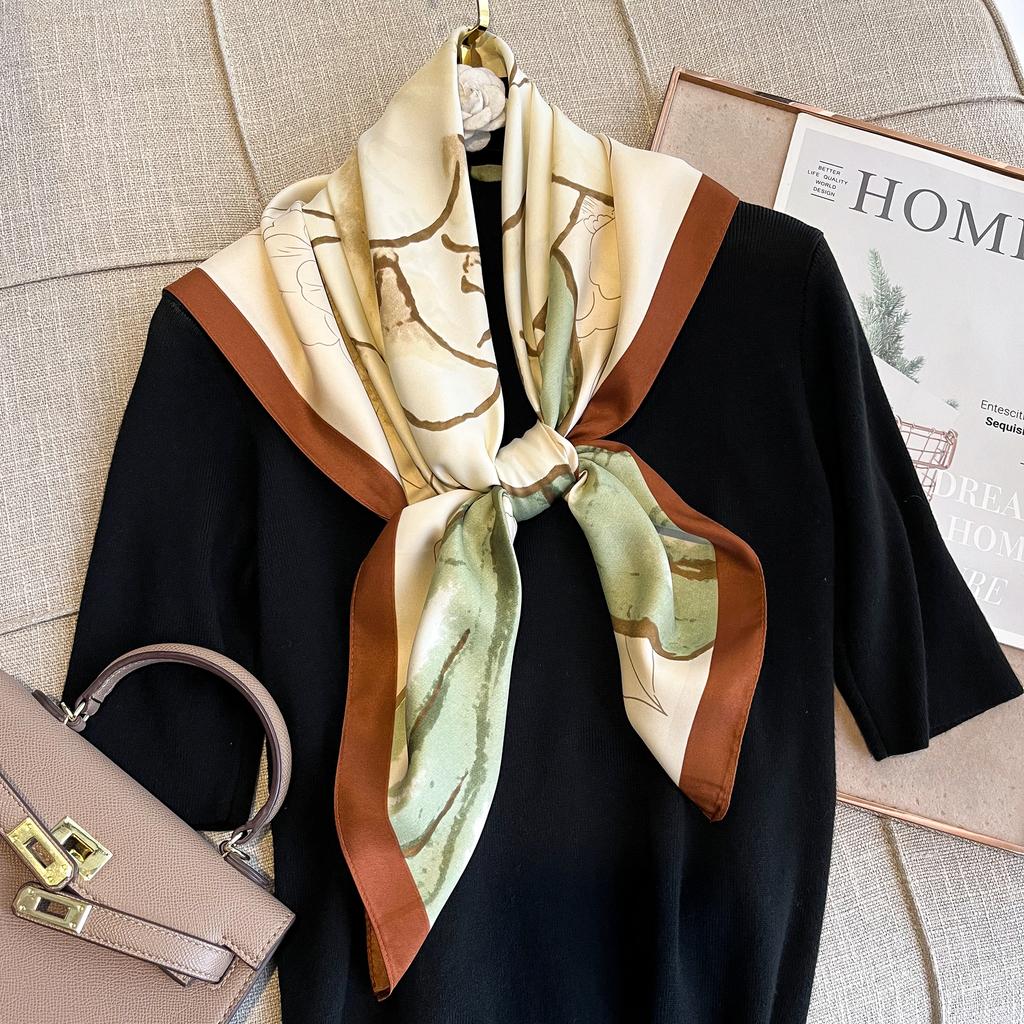 New Luxury Silk Shawl Camellia Scarf for Women Satin Hijab Fashion Wraps Neckerchief Female Hair Bands Ribbon Scarves Bandana