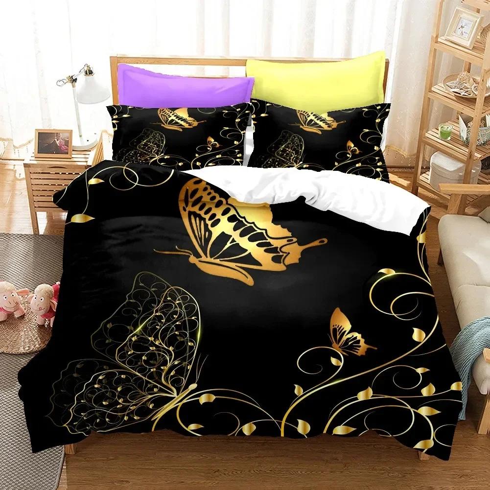 Golden Butterfly Pretty Blue Comfortable Duvet Quilt Cover Pillowcase Bedding Set Children Bedroom Decoration Home Textile