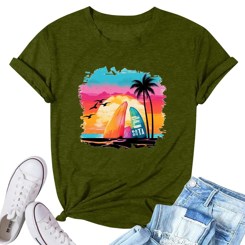 Women's Fashion Printed Casual Pleated Round Short Sleeve T-Shirt Top