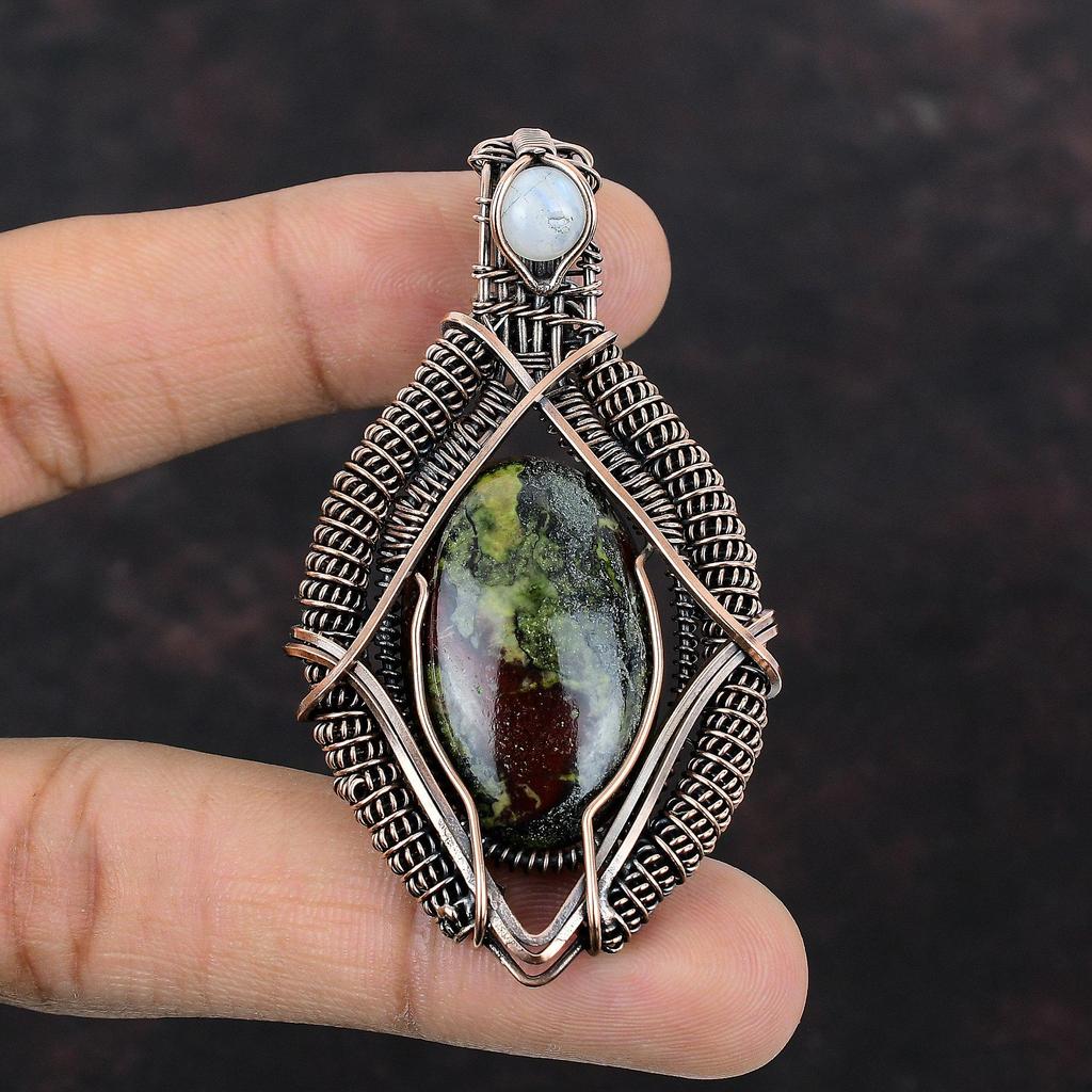 Подвеска из драгоценного камня с кровавым камнем дракона, кулон из медной проволоки, кулон ручной работы, подарок на годовщину, ювелирные изделия из проволочной обертки, кулон с радужным лунным камнем