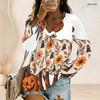 Women Plus Size V Neck Long Sleeve Halloween Sloth Printed Curved Hem Top