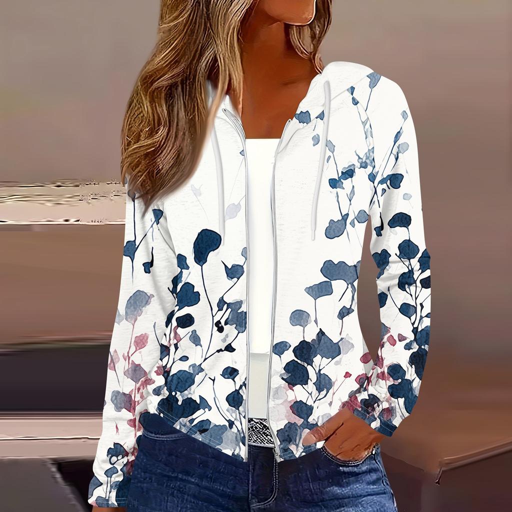 Women's Fashion Casual Zip Up Hooded Print Long Sleeve Sweatshirts Coat