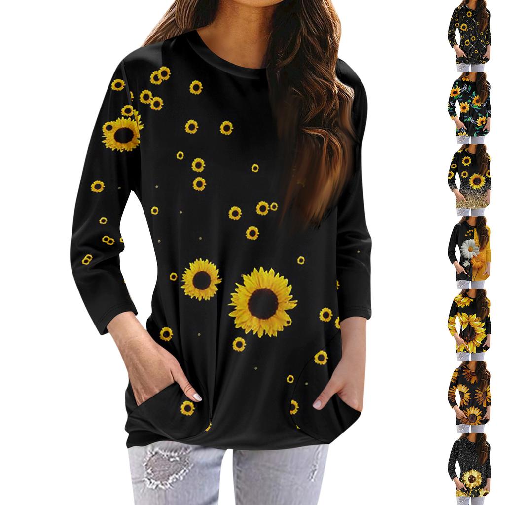 Women's Fashion Casual Round Neck Print 3/4 Sleeve Pocket T-Shirt Top