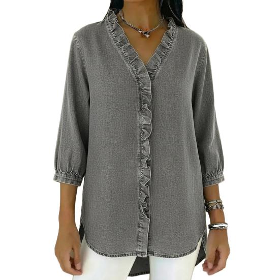 Женские Топы с V-образным вырезом, 3/4 Рукава, с Отделкой Воланами, Свободного Кроя, Однотонные, Повседневные, Рубашки под Джинсу, Для Повседневной Носки