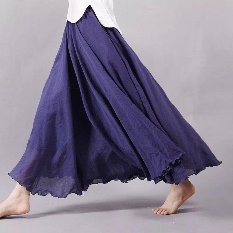 Double Layer Cotton and Linen Skirt with Big Swing Solid Color
