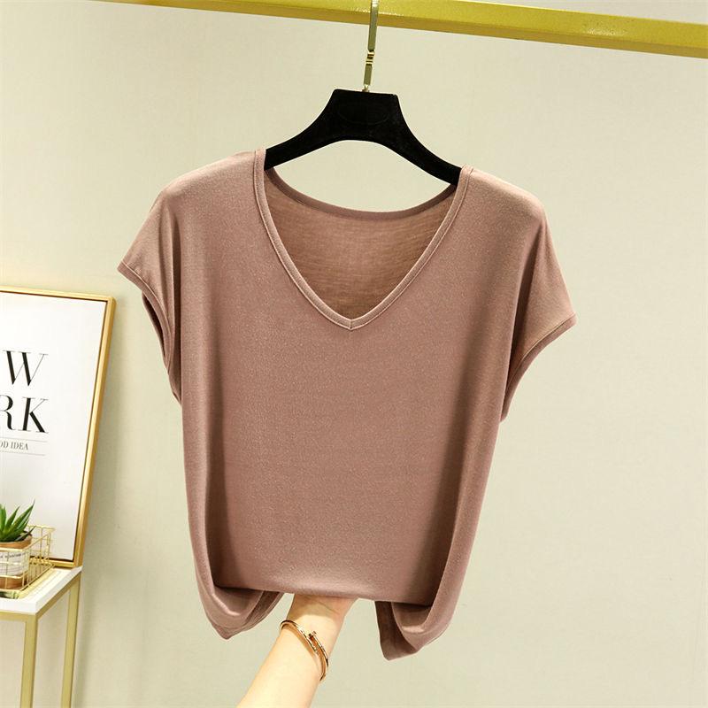 Solid V Neck Basic Tshirt Women Summer Modal Loose Tee Tops Casual Undershirt M To 2XL
