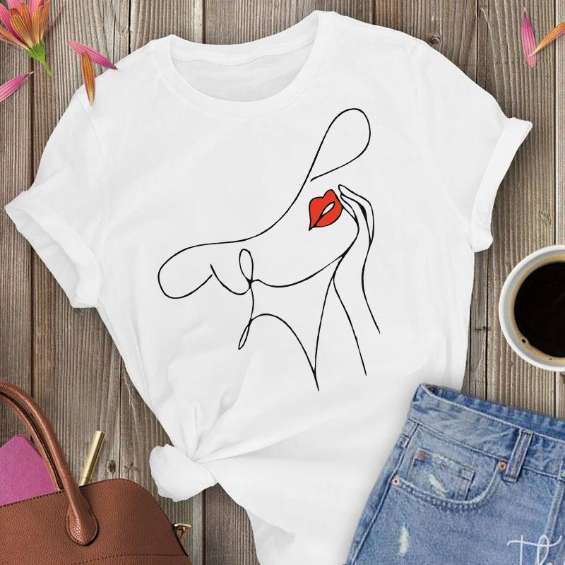 Fashion Line Print Ladies T-Shirts Summer 90S Female Tee Tops Casual White Women Tshirts Harajuku Graphics Tee Shirt Femme