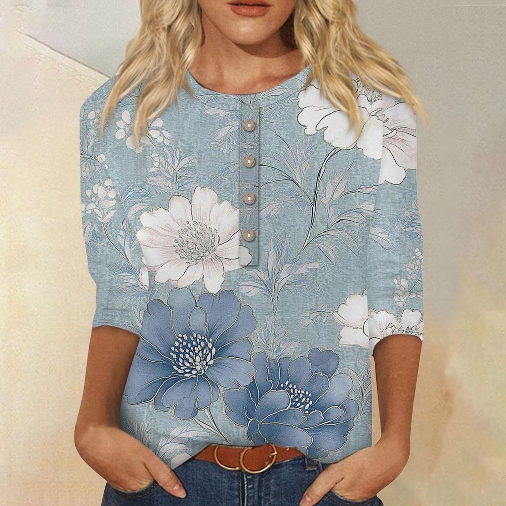 Женская мода повседневная 3/4 рукава цветочный принт пуловер круглый вырез топ повседневная одежда