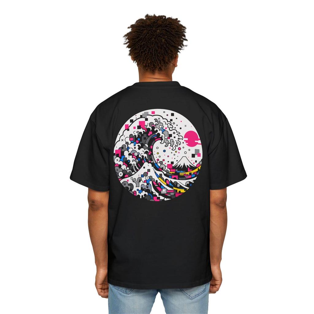 Glitch Art Wave T-Shirt | The Great Wave Series XIII - Glitch Break | Cyber Pop Tee | Pink Black Back Print Shirt