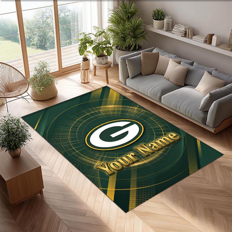 Green Bay Packers Crystal Velvet Rug, Custom Name Text Personalized Non‑Slip Floor Mat for Home Decor Gift