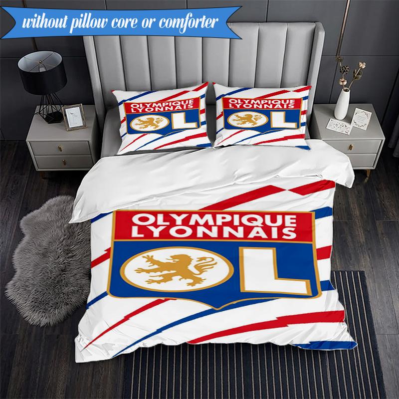 3PCS Lyon Football Crest Design Printed Soft Bedding Set,Including 1pc Duvet Cover And 2pcs Pillowcases Perfect for Bedroom, Dormitory, Fan gift