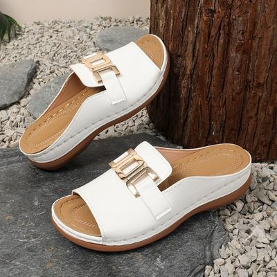 Женские босоножки на танкетке с металлическим цепным дизайном, с открытым носком, слипоны, туфли на платформе