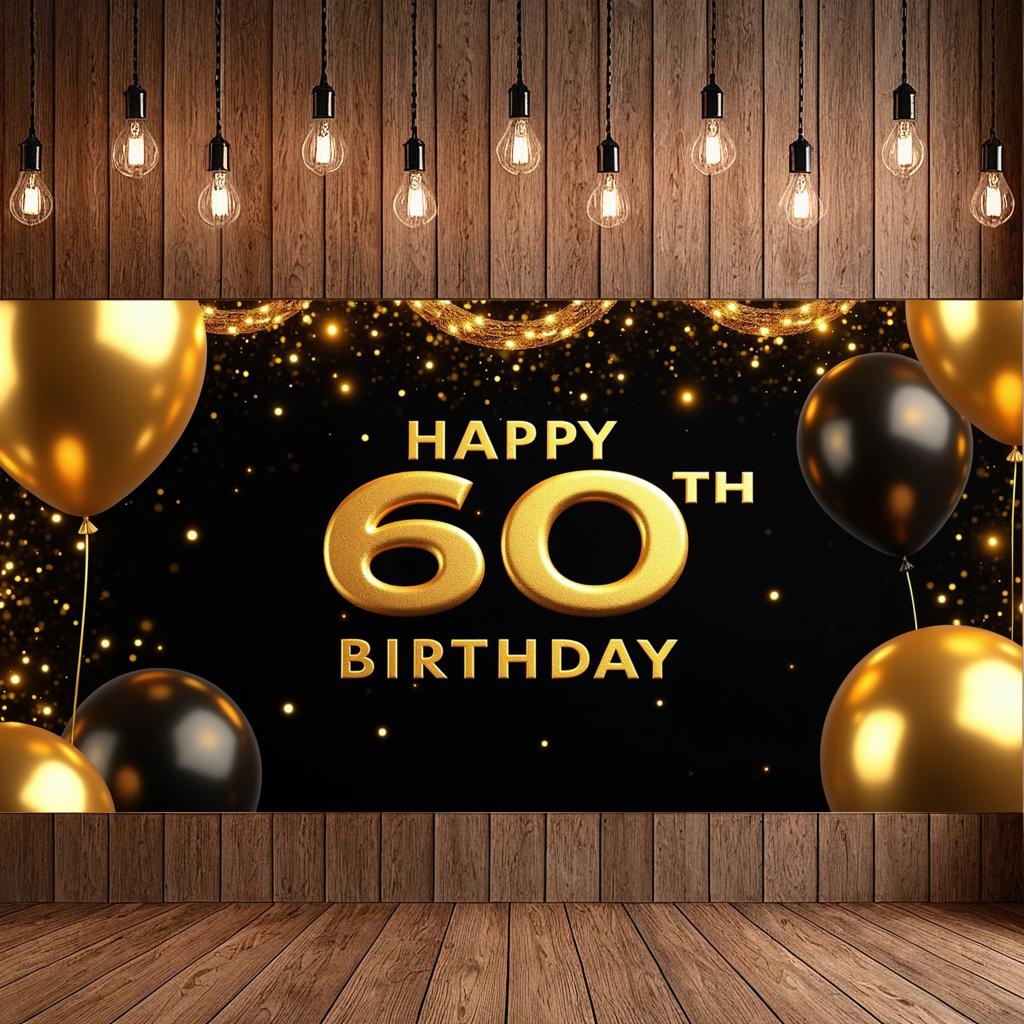 Блестящий баннер с надписью «С 60-летием!», чёрно-золотые шары, украшение для фона на день рождения, реквизит для фотосъёмки
