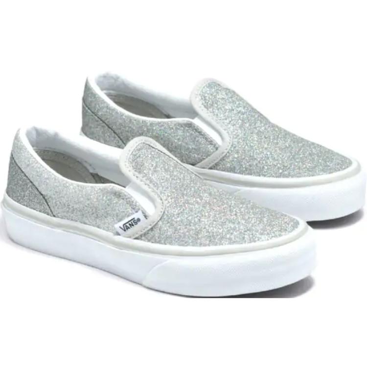Vans Классические детские кроссовки Slip-On V Kids Glitter - серебристые детские кроссовки True-White VN0A5KXMX1K