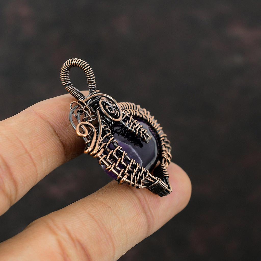 Кулон из аметиста шеврон, кулон, обмотанный медной проволокой, кулон ручной работы, обмотка проволокой, украшения из драгоценных камней, подарок для него, медные украшения, удивительный кулон