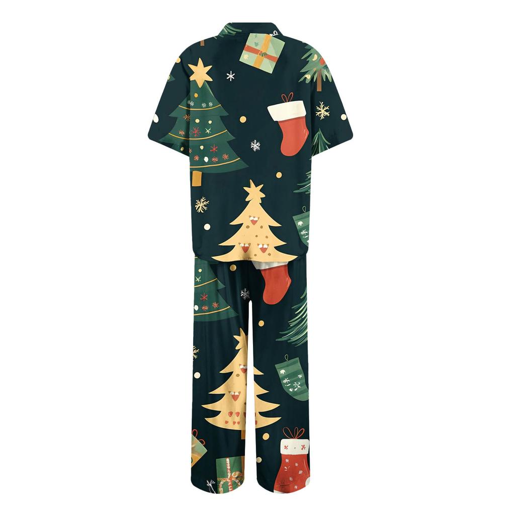 Женский рождественский пижамный комплект с принтом, женские короткие рукава, длинные брюки, комплект из двух предметов, застегивающийся на пуговицы, домашняя одежда