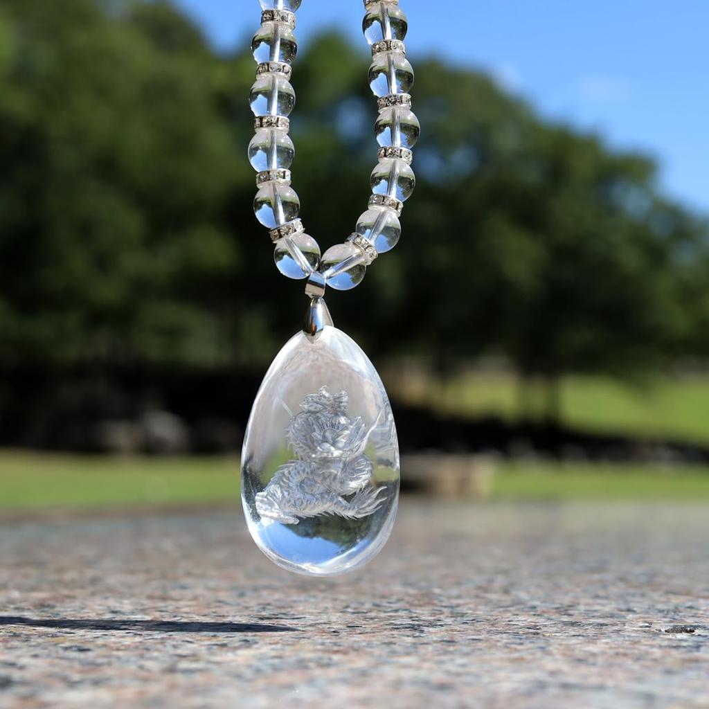[Seki-Kira] Floating Silver Dragon Crystal Pendant, Natural Stone Crystal Necklace, 50cm, Men's, Power Stone, 553