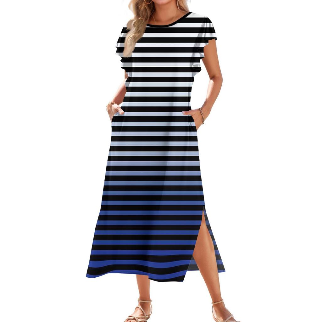 Женское модное летнее повседневное пляжное платье с плиссированными рукавами, свободными полосатыми короткими рукавами, круглыми завязками и карманами