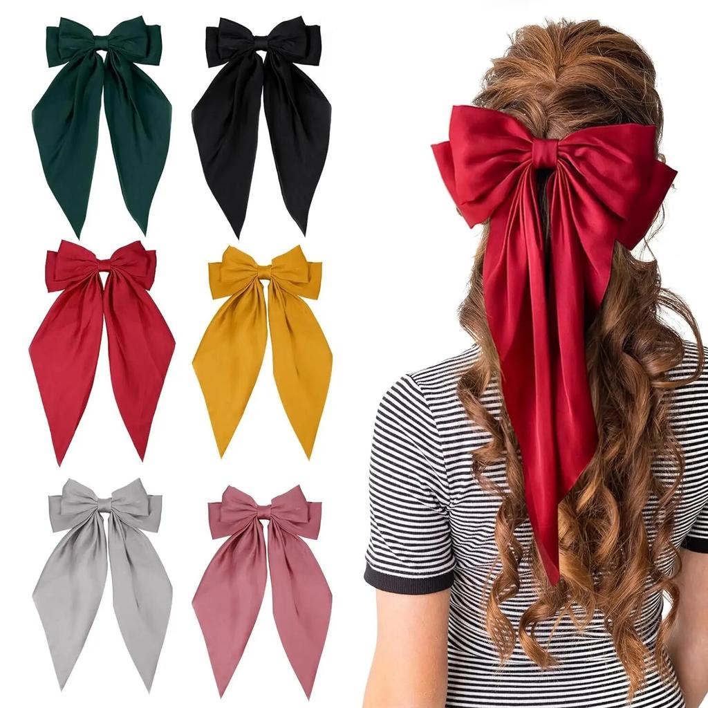 6PCS Large Elegant Ribbon Bow Hair Clip for Women Simple Solid Color Satin Ponytail Hairpins Bowknot Barrettes Hair Accessories