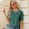 Summer Solid Round Neck Pleated Tops Casual T-shirt for Women Fashion Elegant Office Lady Tshirts Short Sleeve Loose Tees Tops 24076