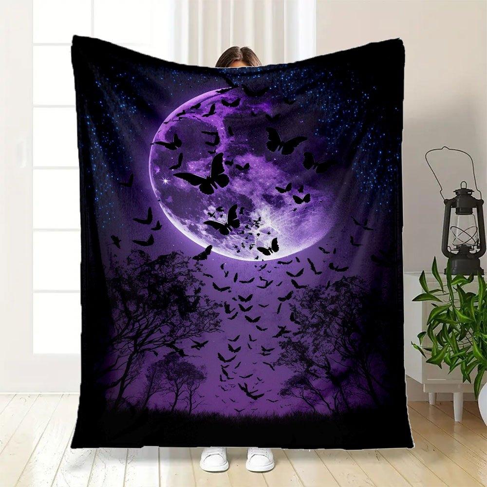 Purple Moon Butterfly Wall Art Print Poster DecorBlanket Flannel Throw Blanket for Sofa, Bed, Travel, Camping, Office