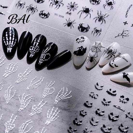 Halloween Nail Supplies 3D Embossed Stickers, Skeleton Hand Pumpkin Spider Bat Art Decals, Gothic Manicure Decoration Decals for Holiday Party